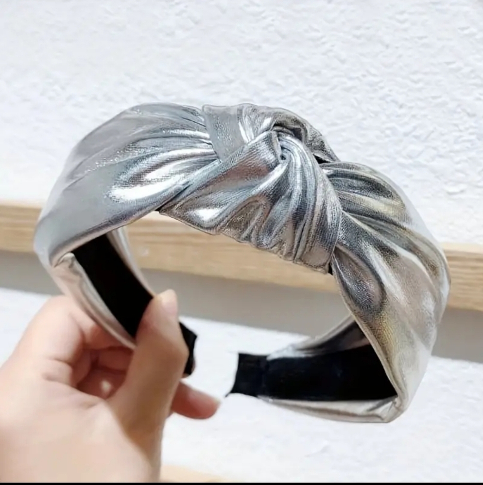 Headband Metallic Silver Satin Knot